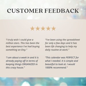 May include: Five-star customer reviews for a digital product. The reviews highlight the product's effectiveness in organizing and improving daily routines. One review mentions the product being life-changing.