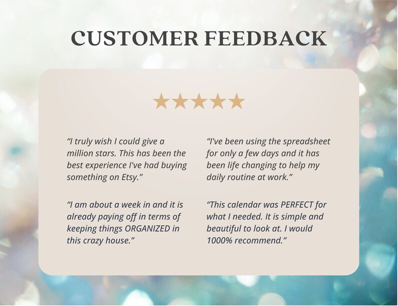 May include: Five-star customer reviews for a digital product. The reviews highlight the product's effectiveness in organizing and improving daily routines. One review mentions the product being life-changing.
