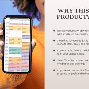 May include: A smartphone displays a colorful schedule with time blocks. The phone is held against an orange sweater and a blue background. Text on the screen shows a daily planner with various activities. The text "WHY THIS PRODUCT?" is also visible.