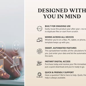 Może przedstawiać: Reklama produktu cyfrowego z tekstem &bdquo;DESIGNED WITH YOU IN MIND&rdquo;. Obraz przedstawia dłoń wchodzącą w interakcję z komputerem, z ikonami i tekstem podkreślającymi funkcje, takie jak ciągłe użytkowanie, kompatybilność urządzeń, zautomatyzowane funkcje, natychmiastowy dostęp i wsparcie.
