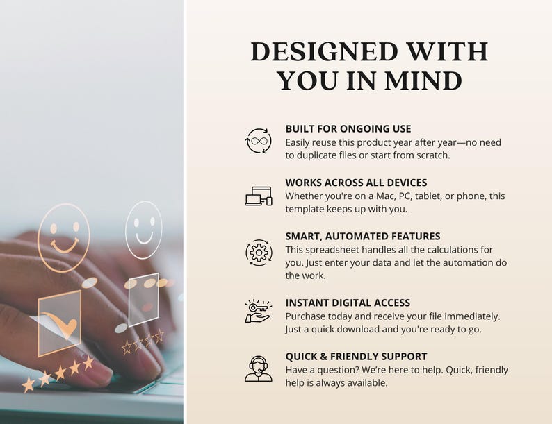 Może przedstawiać: Reklama produktu cyfrowego z tekstem &bdquo;DESIGNED WITH YOU IN MIND&rdquo;. Obraz przedstawia dłoń wchodzącą w interakcję z komputerem, z ikonami i tekstem podkreślającymi funkcje, takie jak ciągłe użytkowanie, kompatybilność urządzeń, zautomatyzowane funkcje, natychmiastowy dostęp i wsparcie.