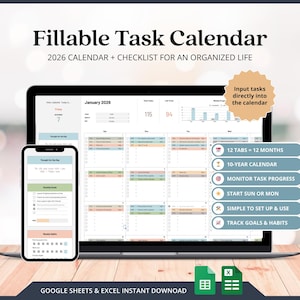 Calendario de tareas 2026, Rastreador de tareas, Plantillas de planificador imprimibles, Lista de tareas pendientes, Calendario anual 2026, Planificador mensual, Rastreador de objetivos, Planificador de tareas para TDAH