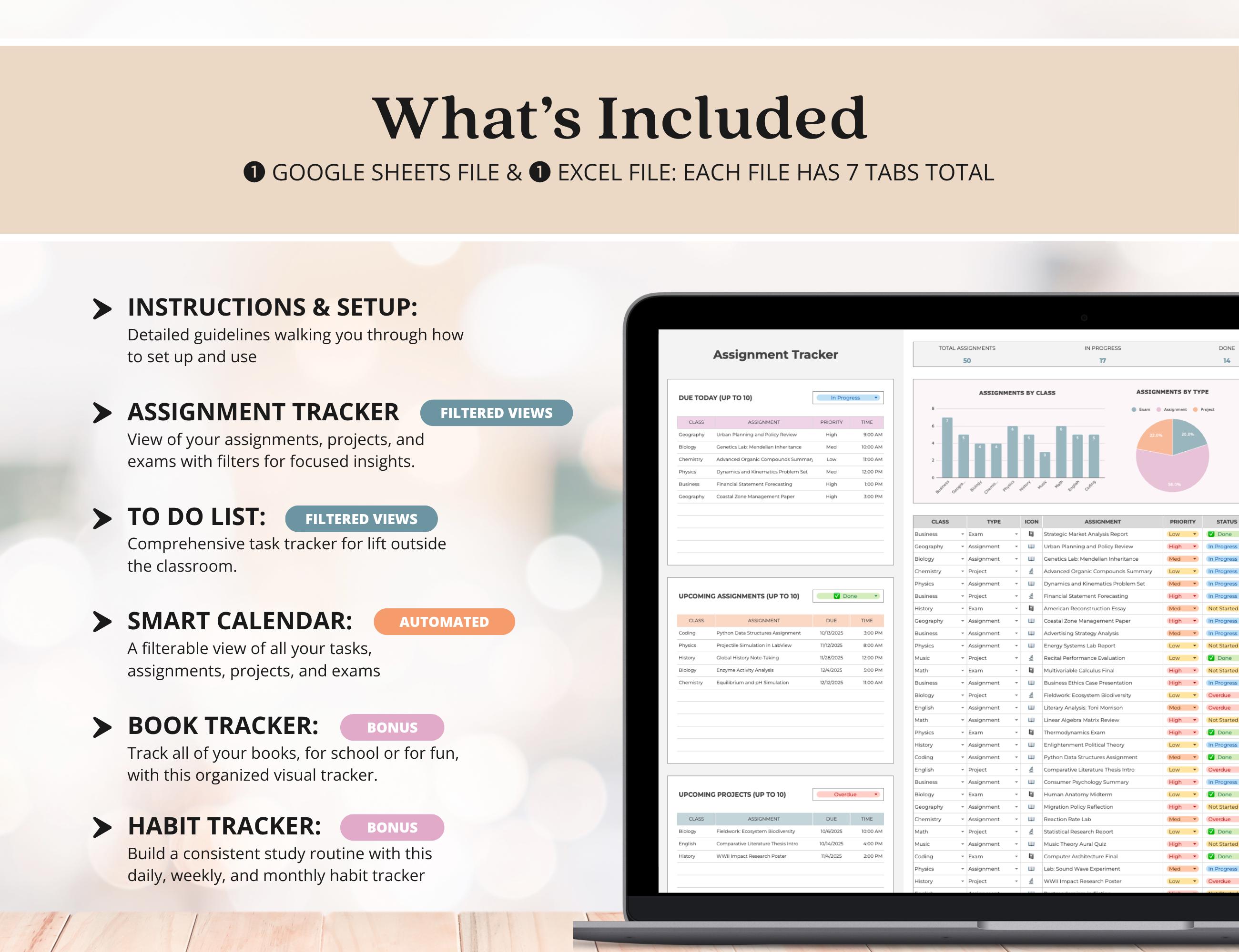 Assignment Tracker Excel Google Sheets Student Planner Template School ...
