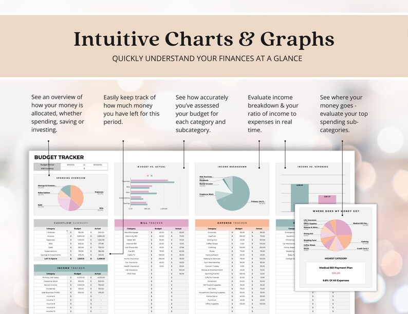 May include: A financial planning document with the title "Intuitive Charts & Graphs" and the subtitle "Quickly Understand Your Finances at a Glance." The document includes charts, graphs, and tables for tracking budget, income, and expenses. The color scheme includes pastel shades.