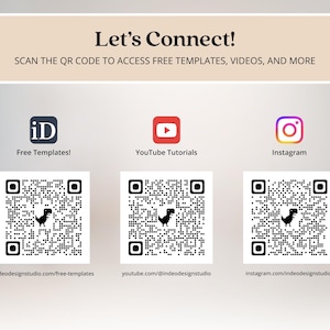 K&ouml;nnte beinhalten: Beige Grafik mit dem Text &bdquo;Let's Connect!&ldquo; und &bdquo;SCANNE DEN QR-CODE, UM AUF KOSTENLOSE VORLAGEN, VIDEOS UND MEHR ZUZUGREIFEN.&ldquo; Darunter befinden sich Symbole f&uuml;r kostenlose Vorlagen, YouTube-Tutorials und Instagram, jeweils mit einem QR-Code.