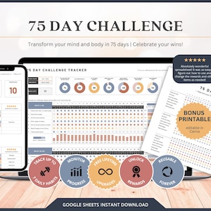 May include: A digital printable 75-day challenge tracker in Google Sheets format. The tracker features a colorful design with a grid for daily progress tracking, a section for monitoring progress, and a section for unlocking rewards. The text "75 Day Challenge" is at the top of the image.