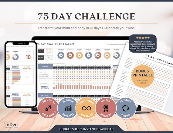 75 Day Challenge Tracker Google Sheets Fitness Planner And Tracker Sheets Daily Habit Tracker Spreadsheet With Editable Canva Template
