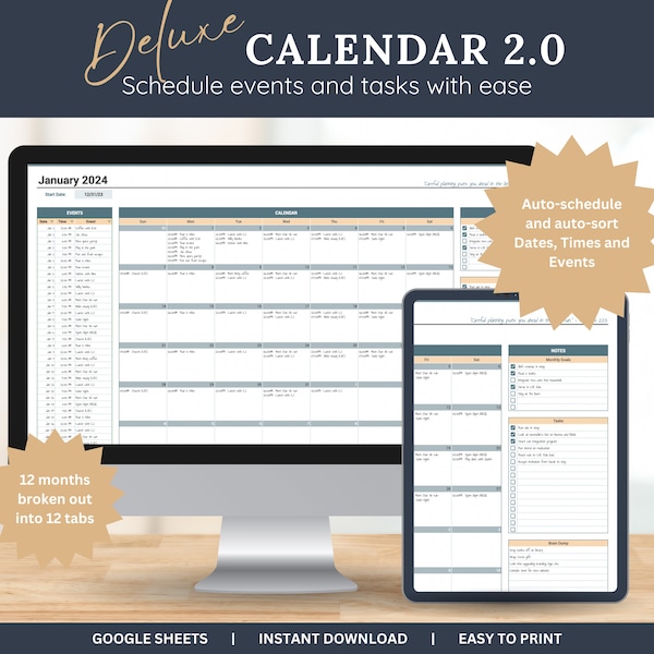 2024 Calendar, Monthly Digital Calendar for Events and Tasks, Automated Spreadsheet, Simple List Auto-populates Calendar, Google Sheets