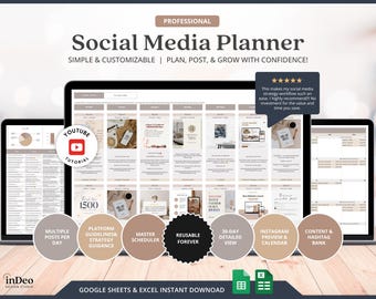 May include: A professional social media planner digital template for Google Sheets and Excel. The interface displays a content calendar with daily post slots, strategy guidance, a master scheduler, and an Instagram preview feature. Includes a five-star review bubble and a YouTube tutorial icon.