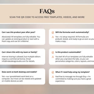 May include: An informational graphic titled FAQs with the instruction to scan the QR code for templates and videos. It features six question-and-answer boxes regarding product usage, formula automation, sharing policies, customization, device compatibility, and support.