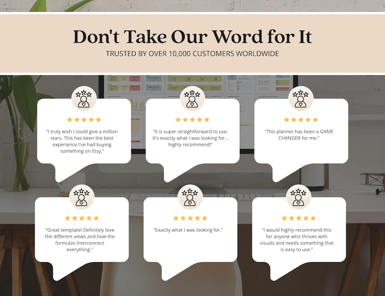 May include: A graphic display featuring the text Don't Take Our Word for It and TRUSTED BY OVER 10,000 CUSTOMERS WORLDWIDE. Six white speech bubbles contain five-star ratings and customer testimonials about a planner and template experience.