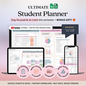 Academic Planner Google Sheets College Student Planner Spreadsheet School Assignment Tracker Student Calendar Monthly Book Tracker List