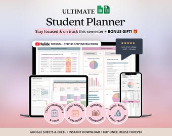 Planer akademicki Arkusze Google Planer studenta Arkusz kalkulacyjny Śledzenie zadań szkolnych Kalendarz studencki Miesięczny rejestr książek Lista