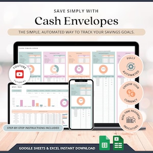 Rastreador de ahorros Rastreador de fondos de amortización Sistema de sobres de efectivo digitales Plantilla de ahorros de Google Sheets Hoja de cálculo de finanzas personales