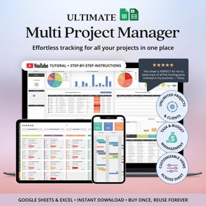 Modèle Excel de gestion de projet, CRM, suivi client, diagramme de Gantt 2026, tableau Kanban, feuille de calcul budgétaire, suivi multi-projets, Google Sheets