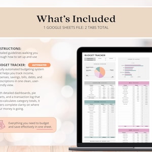 May include: A laptop screen displays a budget tracker spreadsheet with charts and tables. The text "What's Included" and "Budget Tracker" are visible. The image also includes text describing the features of the budget tracker, such as tracking income and expenses.