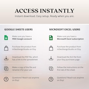May include: A digital product guide with instructions for Google Sheets and Microsoft Excel users. The text reads "ACCESS INSTANTLY" and details steps for instant download and easy setup. Includes icons for account setup, Etsy purchase, file download, and support.