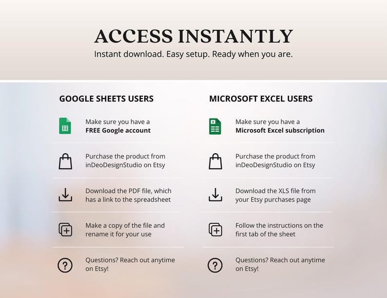 May include: A digital product guide with instructions for Google Sheets and Microsoft Excel users. The text reads "ACCESS INSTANTLY" and details steps for instant download and easy setup. Includes icons for account setup, Etsy purchase, file download, and support.
