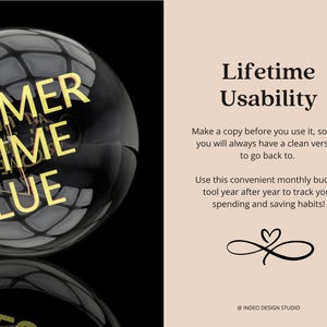 以下が含まれることがあります： 黒い電球に黄色の文字でCUSTOMER LIFETIME VALUEと書かれたデジタルグラフィック。右側はベージュ色で、Lifetime Usabilityという文字、使用説明、ハートの無限大記号、@ INDEO DESIGN STUDIOという文字が記載されています。