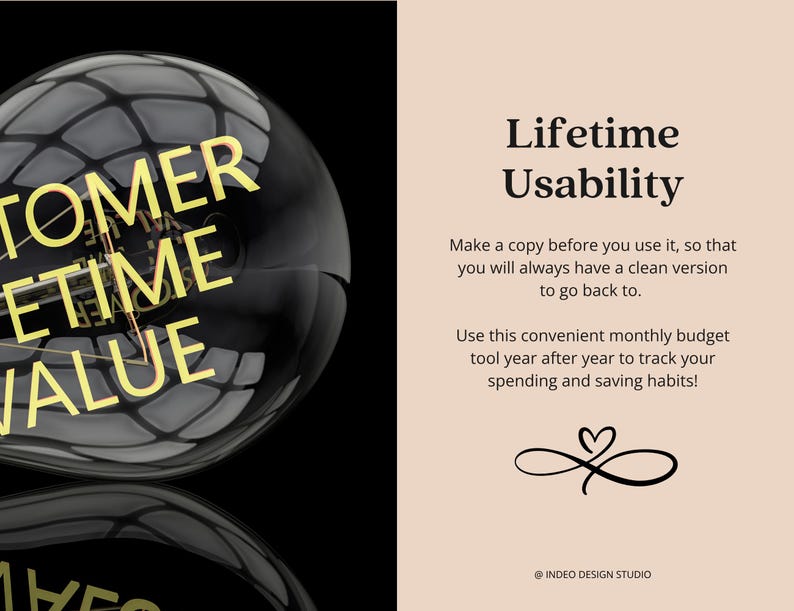 以下が含まれることがあります： 黒い電球に黄色の文字でCUSTOMER LIFETIME VALUEと書かれたデジタルグラフィック。右側はベージュ色で、Lifetime Usabilityという文字、使用説明、ハートの無限大記号、@ INDEO DESIGN STUDIOという文字が記載されています。