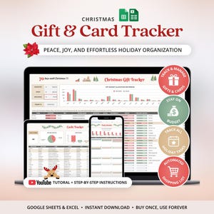 Modèle de suivi des cadeaux de Noël pour Google Sheets et Excel ; liste de cartes de Noël ; budget des fêtes ; liste de petits cadeaux à glisser dans les chaussettes.