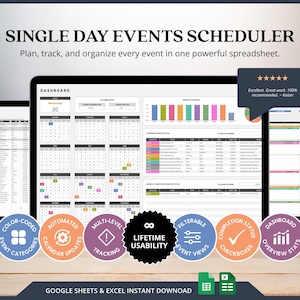 May include: Three laptops displaying a digital planner with a calendar and event details. The screen shows a spreadsheet with charts and the text "Single Day Events Scheduler". It is a Google Sheets & Excel instant download.