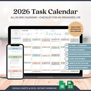 May include: A laptop and smartphone displaying a 2026 task calendar with a checklist. The calendar features 12 tabs for 12 months, a 10-year calendar, and options to monitor progress, start on Sunday or Monday, and track goals. The text reads "ALL-IN-ONE CALENDAR + CHECKLIST FOR AN ORGANIZED LIFE."