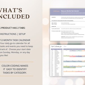 May include: A digital printable task calendar with two tabs: Instructions and Setup, and a 12-month task calendar. The calendar is color-coded to make it easy to identify tasks by category. The text "Enjoy your Monthly Task Calendar!" is at the top of the page.