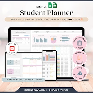 May include: A digital student planner displayed on a laptop, tablet, and smartphone. The planner includes assignment tracking, calendar, and habit tracker features. The image includes the text "Student Planner" and "Track all your assignments in one place".