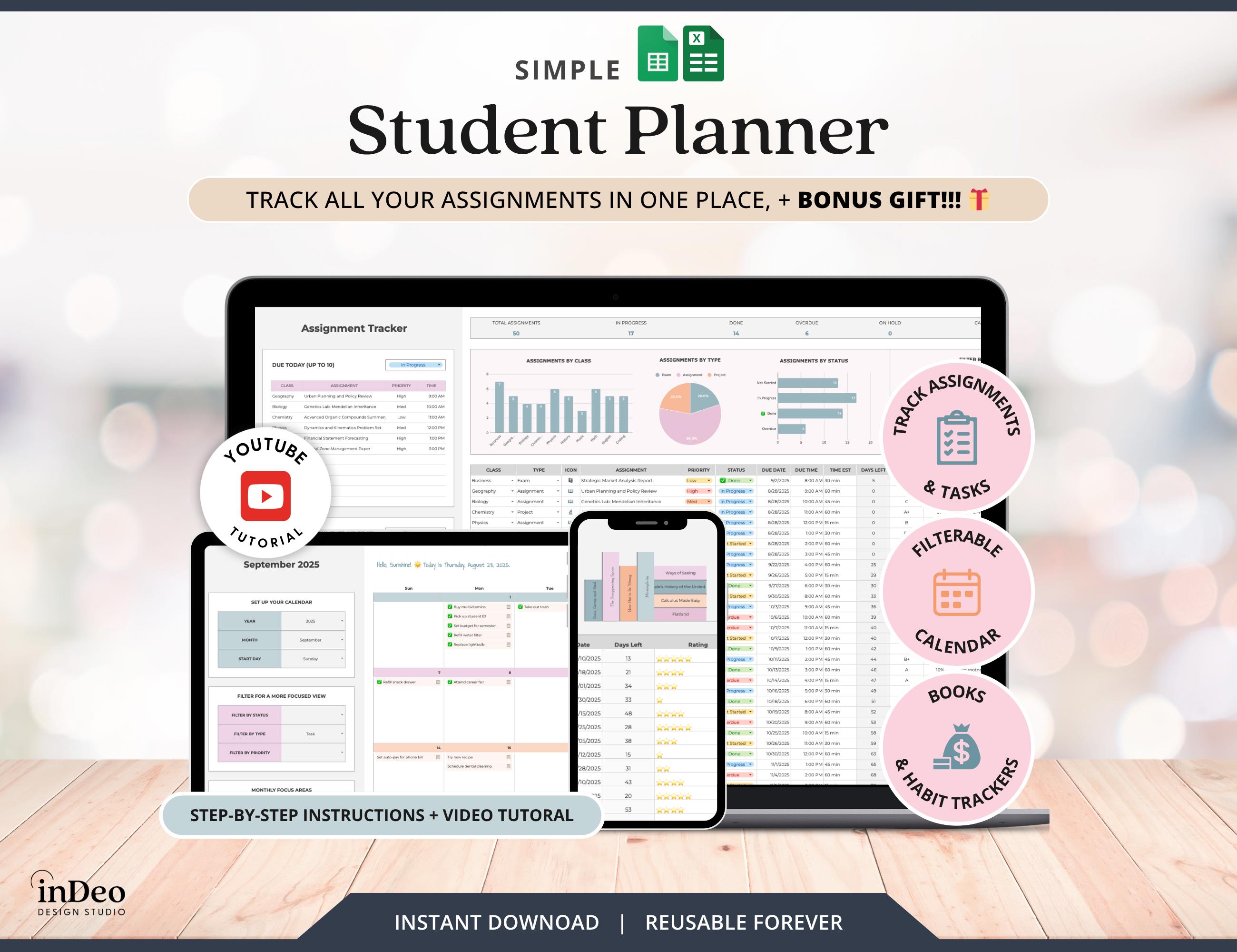 Assignment Tracker Excel Google Sheets Student Planner Template School ...