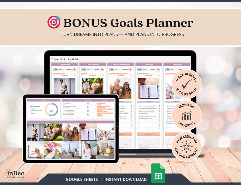 May include: A digital goals planner displayed on a laptop and tablet. The planner features a clean, modern design with a light color scheme and the text "BONUS Goals Planner". The image includes the text "TURN DREAMS INTO PLANS - AND PLANS INTO PROGRESS".