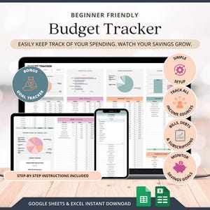 Puede incluir: Un rastreador de presupuesto digital que se muestra en una computadora portátil, tableta y teléfono inteligente. La pantalla muestra una hoja de cálculo con gráficos y tablas. El texto incluye "Budget Tracker", "Goal Tracker" y "Step-by-Step Instructions Included".