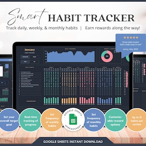 May include: A digital habit tracker displayed on multiple tablets. The tracker features a dark theme with colorful charts and graphs. Text includes "Smart HABIT TRACKER" and "Track daily, weekly, & monthly habits." Additional features include real-time progress tracking and customizable reward options.