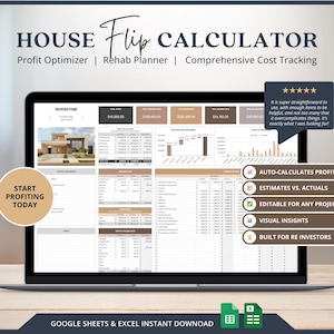 House Flipping Calculator, Profit And Loss Template, Investment Tracker, Real Estate Fix and Flip Calculator, House Flipping Spreadsheet