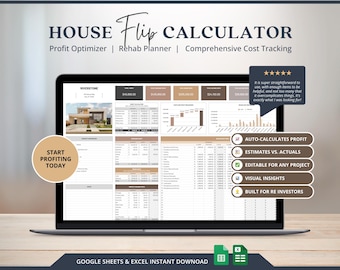 House Flipping Calculator, Profit And Loss Template, Investment Tracker, Real Estate Fix and Flip Calculator, House Flipping Spreadsheet