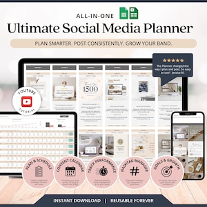 Ultimate Social Media Planner Spreadsheet Content Calendar Instagram Planner Hashtag Tracker Content Strategy Dashboard Template
