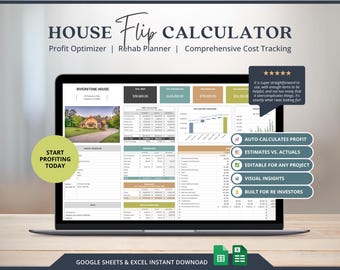 Könnte beinhalten: Ein Laptop-Bildschirm zeigt eine "House Flip Calculator"-Tabelle. Der Bildschirm zeigt Datentabellen, Diagramme und den Text "Start Profiting Today". Zu den Funktionen gehören Gewinnberechnung und visuelle Einblicke.