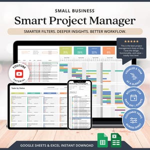 Puede incluir: Plantilla digital de gestión de proyectos que se muestra en una tableta y un teléfono inteligente. La imagen incluye el texto "Smart Project Manager" y "Google Sheets & Excel Instant Download". Las funciones adicionales incluyen "Visualize a Year", "At a Glance" y "Customize Views."