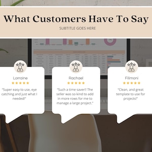 May include: A beige graphic with the text "What Customers Have To Say" and "Subtitle Goes Here." Below are three customer testimonials with star ratings and quotes. The background includes a computer screen displaying charts.