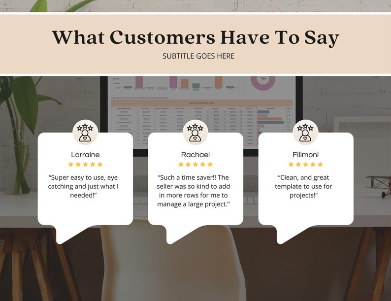 May include: A beige graphic with the text "What Customers Have To Say" and "Subtitle Goes Here." Below are three customer testimonials with star ratings and quotes. The background includes a computer screen displaying charts.