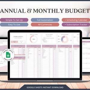 May include: Three laptops displaying a digital annual and monthly budget spreadsheet. The spreadsheet includes charts, tables, and the text "January". The image also includes the text "Simple To Set Up", "Easy To Use", "Full Automation", and "All Currencies".