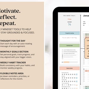 May include: Digital planner with a beige background and a tablet displaying a calendar for January 2026. The planner includes sections for daily thoughts, monthly goals, weekly habits, and notes. Text reads "Motivate. Reflect. Repeat."