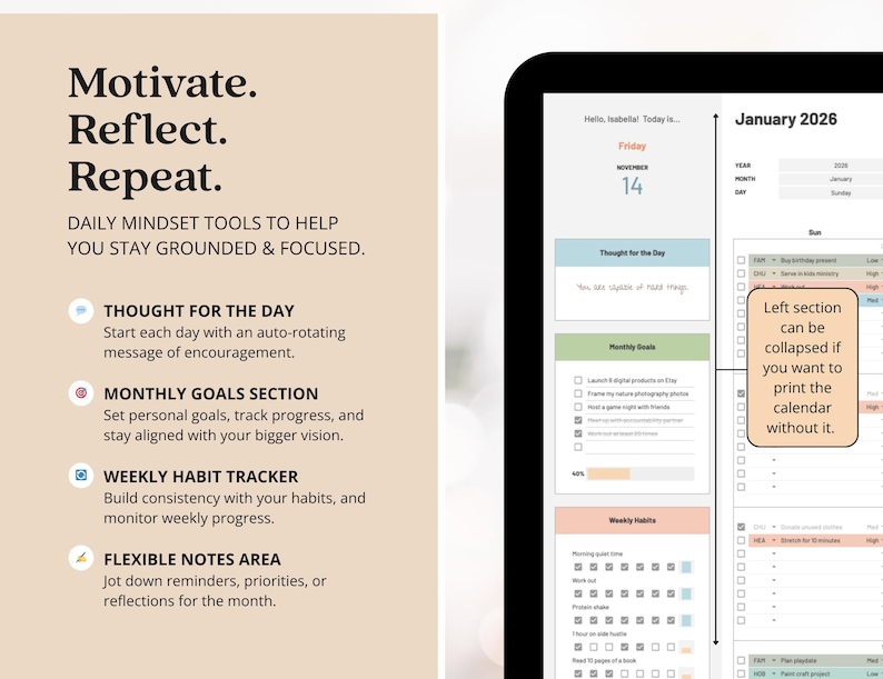 May include: Digital planner with a beige background and a tablet displaying a calendar for January 2026. The planner includes sections for daily thoughts, monthly goals, weekly habits, and notes. Text reads "Motivate. Reflect. Repeat."