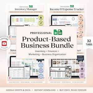 Peut inclure: Un ensemble numérique pour entreprises basé sur les produits pour Google Sheets et Excel, incluant un gestionnaire d'inventaire, un suivi des revenus et dépenses, et des outils marketing. Il comporte 32 onglets et des aperçus de tableaux de bord.