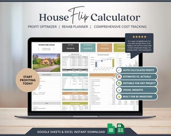 Investment Trackers House Flipping Calculator Excel Google Sheets Real Estate Investing Spreadsheet ROI Calculator For Home Flip Project