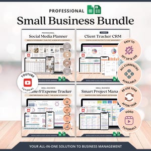 May include: A digital small business bundle featuring four templates: Social Media Planner, Client Tracker CRM, Income & Expense Tracker, and Smart Project Manager. Each template displays spreadsheet interfaces on computer and mobile screens.