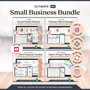 Puede incluir: Imagen promocional de un paquete para pequeñas empresas. La imagen presenta cuatro maquetas de productos digitales, que incluyen un planificador de redes sociales, un administrador de clientes, un rastreador de ingresos y gastos y un administrador de proyectos inteligente.