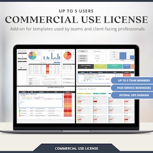 May include: A laptop displaying a commercial use license with the text "UP TO 5 USERS" and "COMMERCIAL USE LICENSE". The screen shows data charts and graphs. Additional text includes "UP TO 5 TEAM MEMBERS", "PAID SERVICE BUSINESSES", and "INTERAL OPS SHARING".