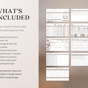 May include: A digital content planning suite with nine tabs, including detailed instructions, a scheduler, and a 30-day content plan. The image displays a suite of tools to make content planning stress free. The text includes "Etsy Bestseller-Approved" and "ADHD-Friendly Design."
