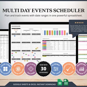 Events Template Excel Schedule Calendar Events Planner Tracker Events Schedule Events Calendar Spreadsheet Monthly Schedule Template Excel